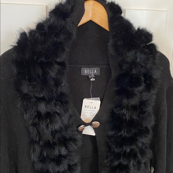 Bella Rabbit Fur Collar Black Cardigan Asymetrical - Picture 2 of 9